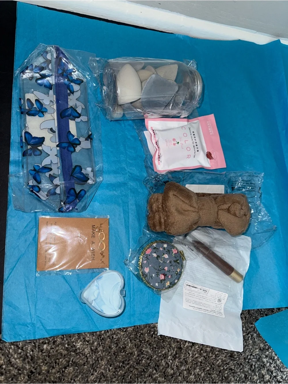 Clear Blue Butterfly Cosmetic Bag with Makeup Accessories